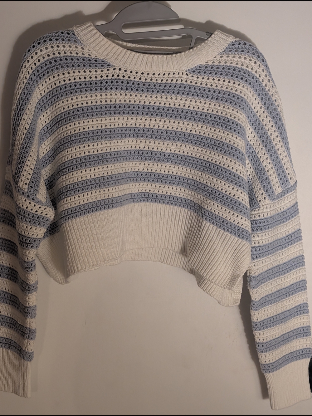 moon & madison Cream and Light Blue Striped Cropped Crew Sweater - Picture 2 of 6